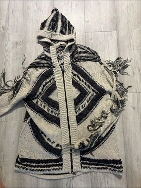 Free People Black & Cream Hooded Fringe Knit Cardigan